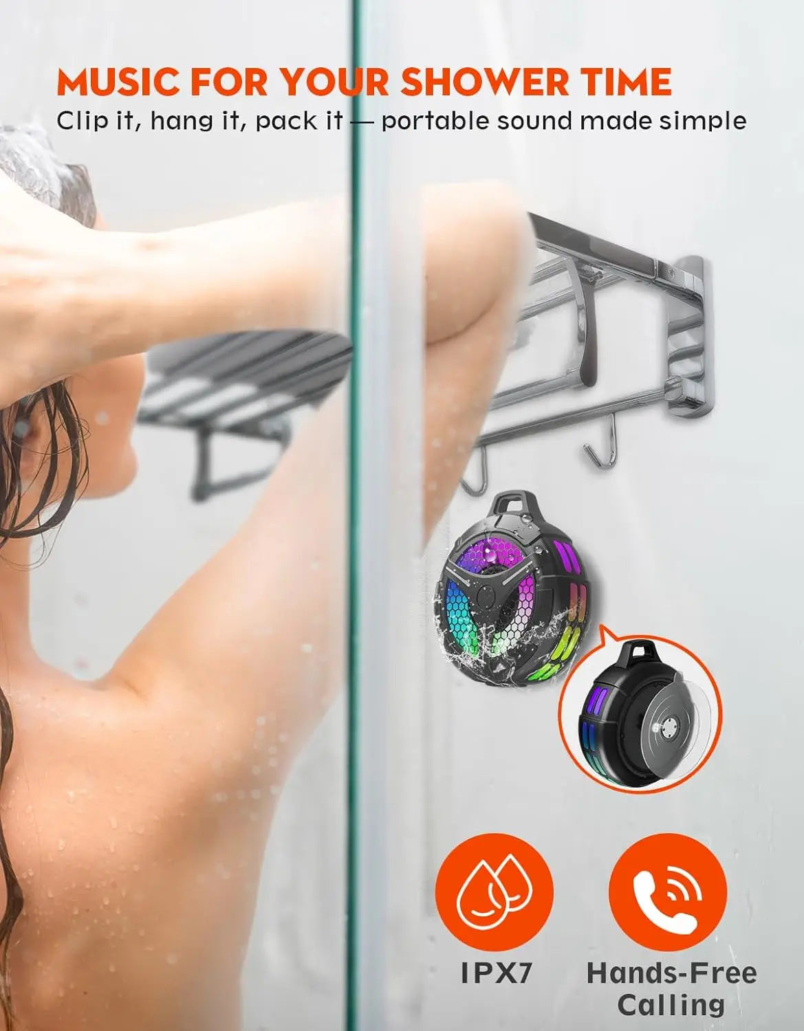 Portable Bluetooth Shower Speaker with LED Light and IP67 Waterproof Stereo Sound
