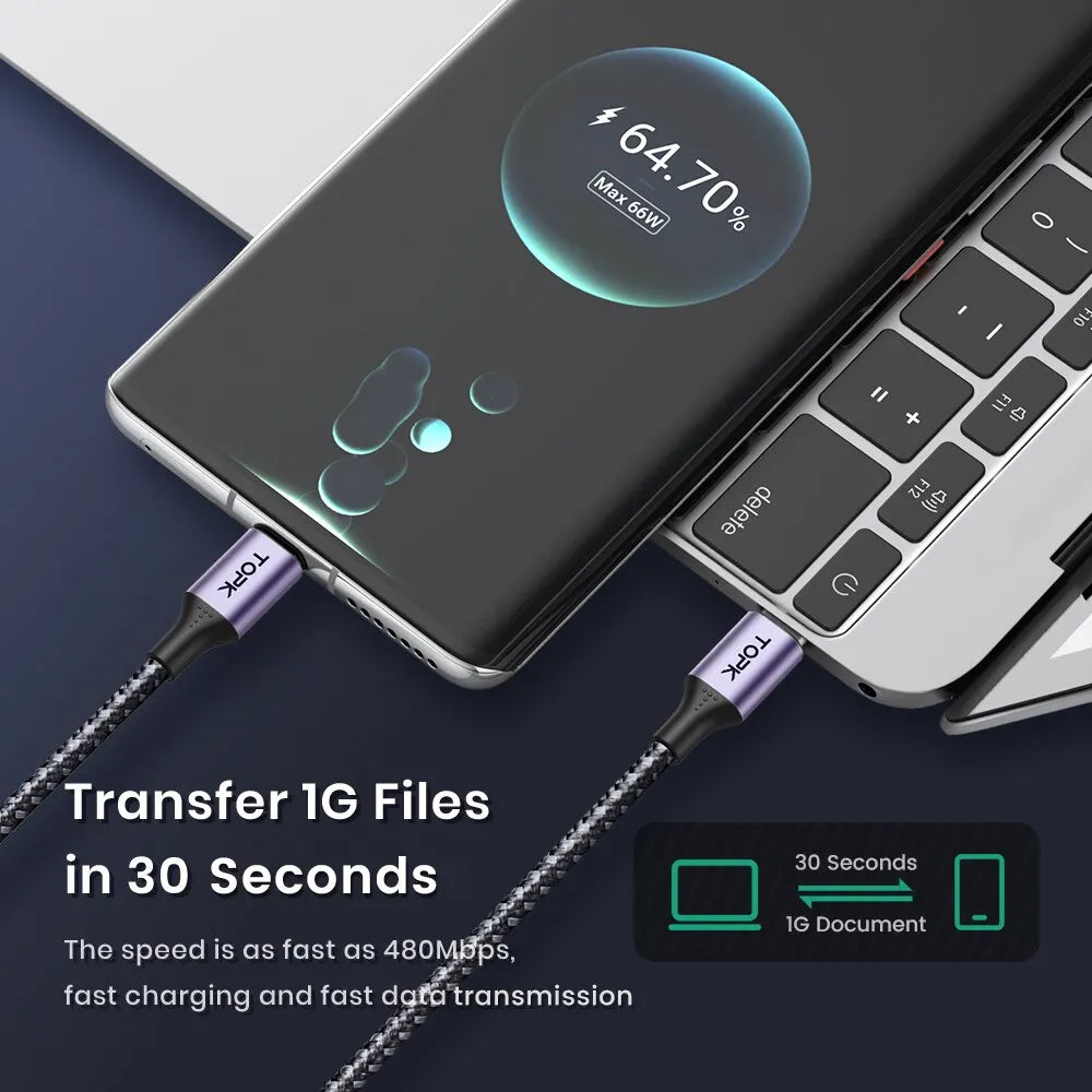 60W USB-C to USB-C PD Fast Charging Cable 2m for Laptops Tablets Phones Data Sync High Power Durable