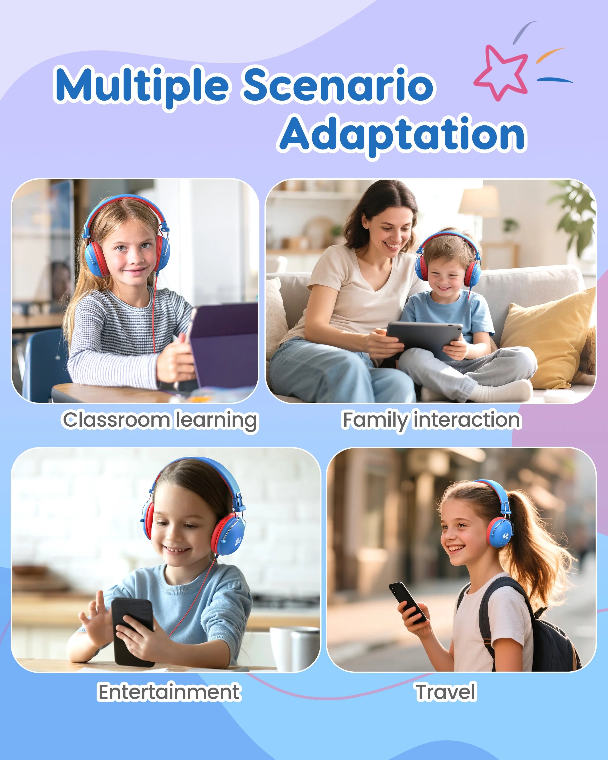Kids Wired Study Headphones with Safe 74dB/85dB Volume Limiter for Music and Learning
