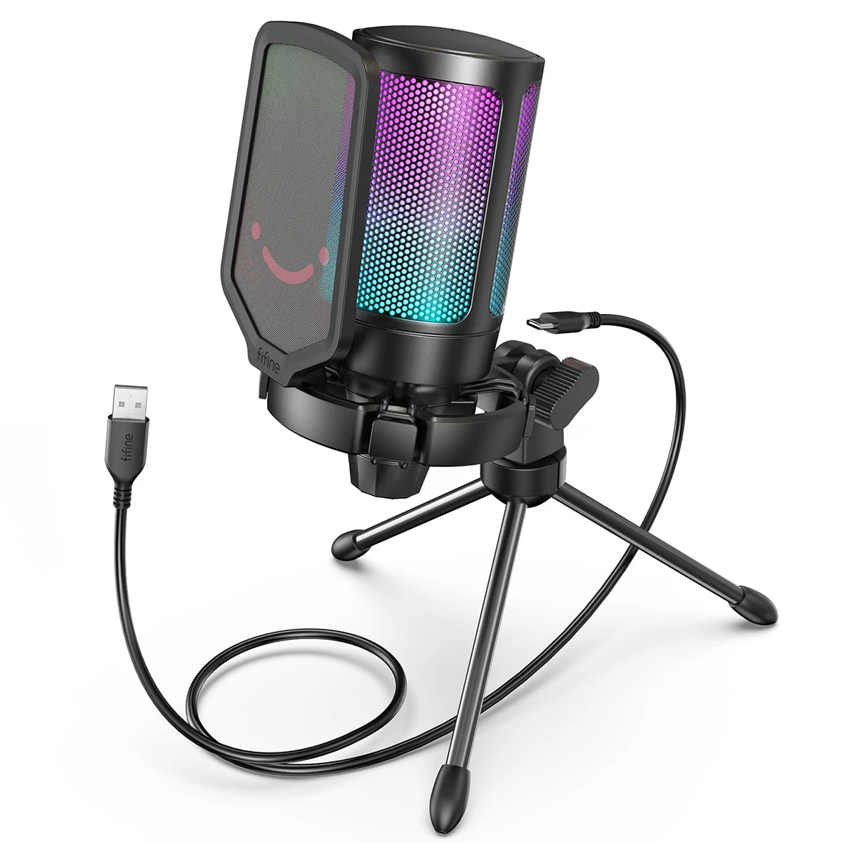 FIFINE A6V USB Condenser Gaming Microphone with RGB Lighting, Pop Filter & Gain Control