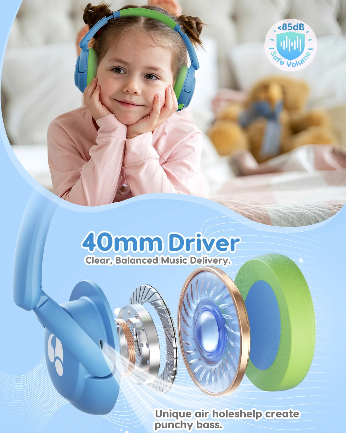 Kids Bluetooth Wireless Headphones with 85dB Safe Volume and Over Ear Comfort Design