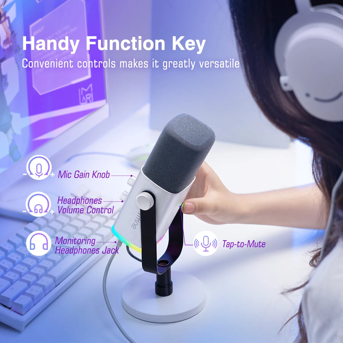 XLR USB Dynamic Microphone with RGB Headphone Jack Touch Mute for Recording Streaming Gaming PS4 PS5
