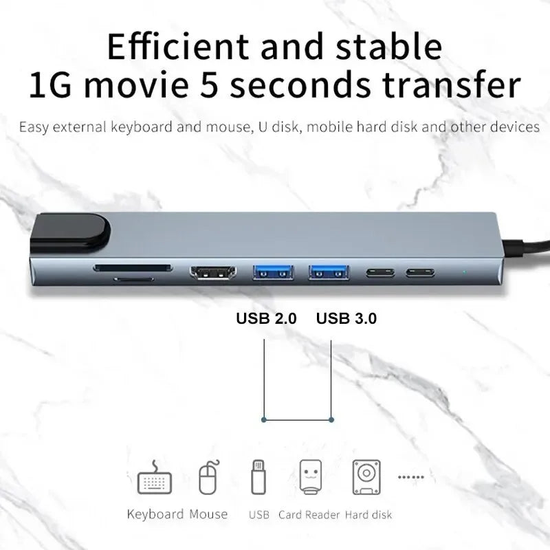 8-in-1 USB-C Hub Adapter with 4K HDMI, RJ45, SD/TF Card Reader, and PD Fast Charging