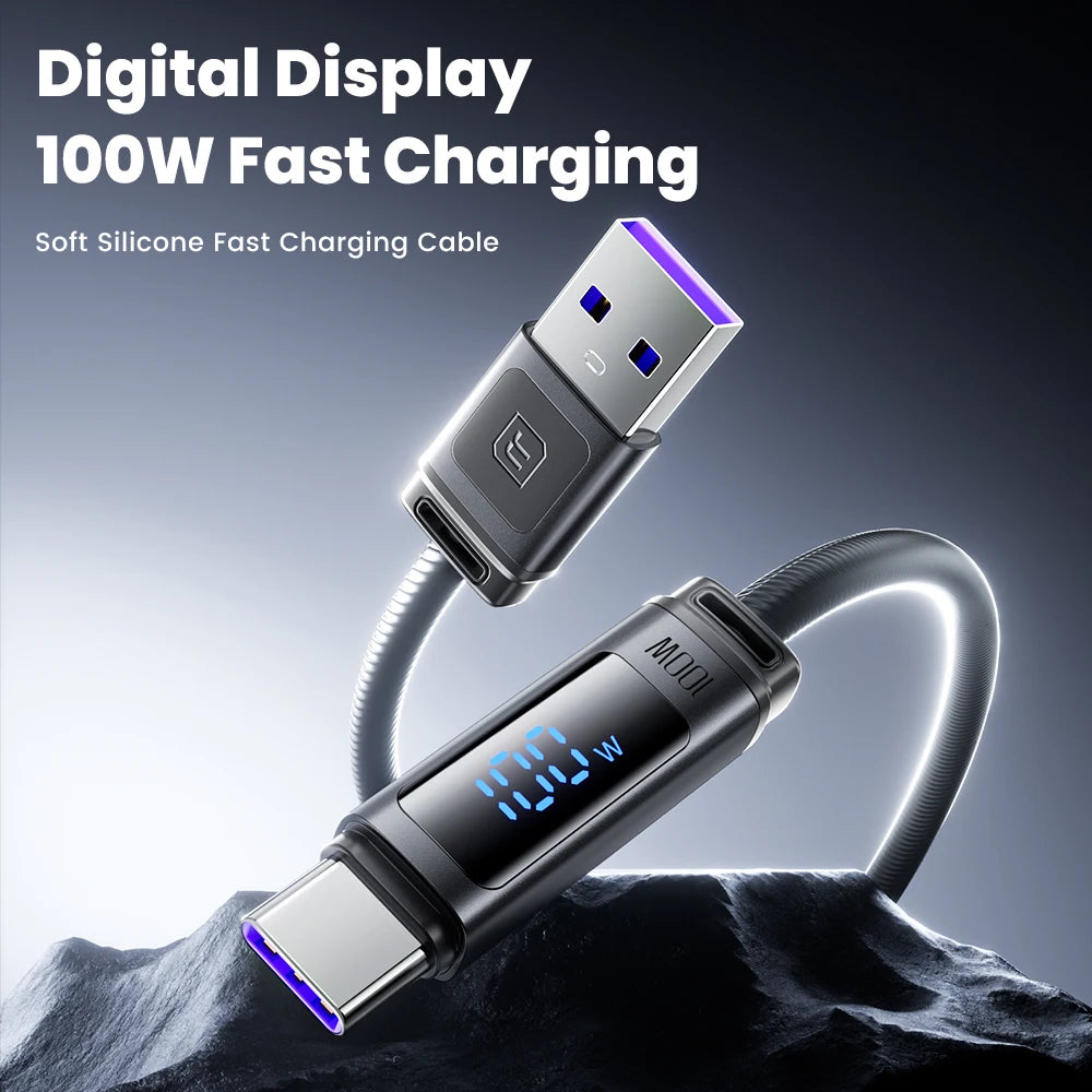 100W Fast Charging USB A to USB C Cable with Real Time Digital Display for Smartphones