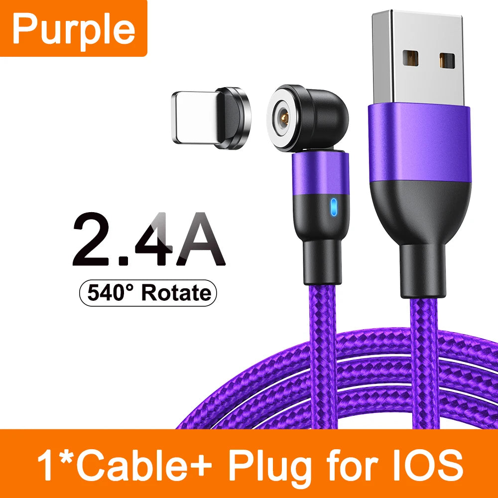 Magnetic 3 in 1 Fast Charging Cable with 540 Degree Rotate for Type C Micro USB and iPhone Devices
