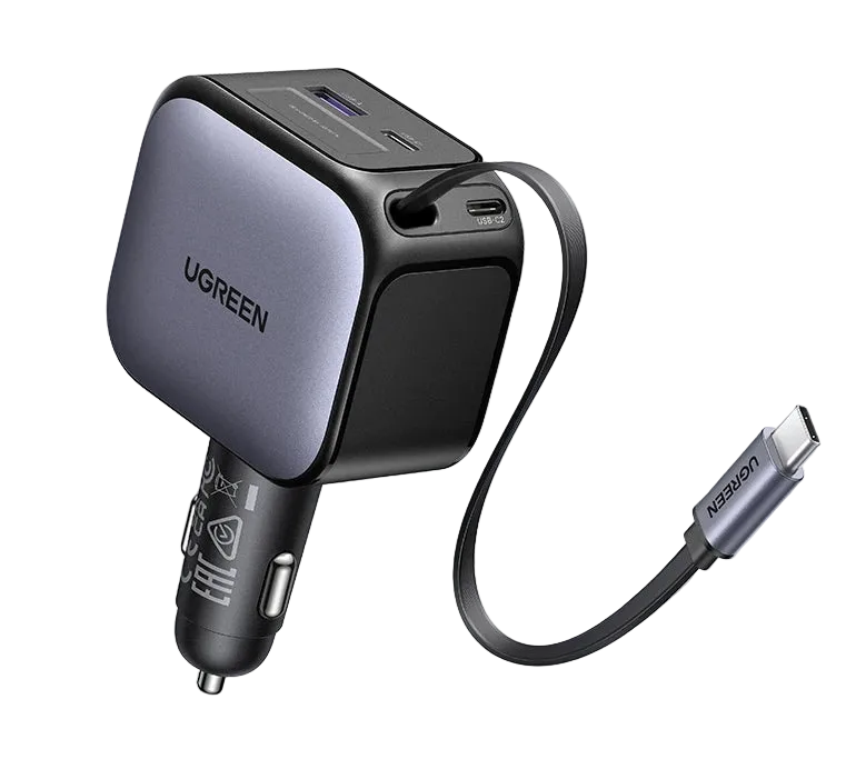145/90/60W Car Charger with 3 USB-C and USB-A Ports PD QC4.0 Fast Charging Retractable Cable