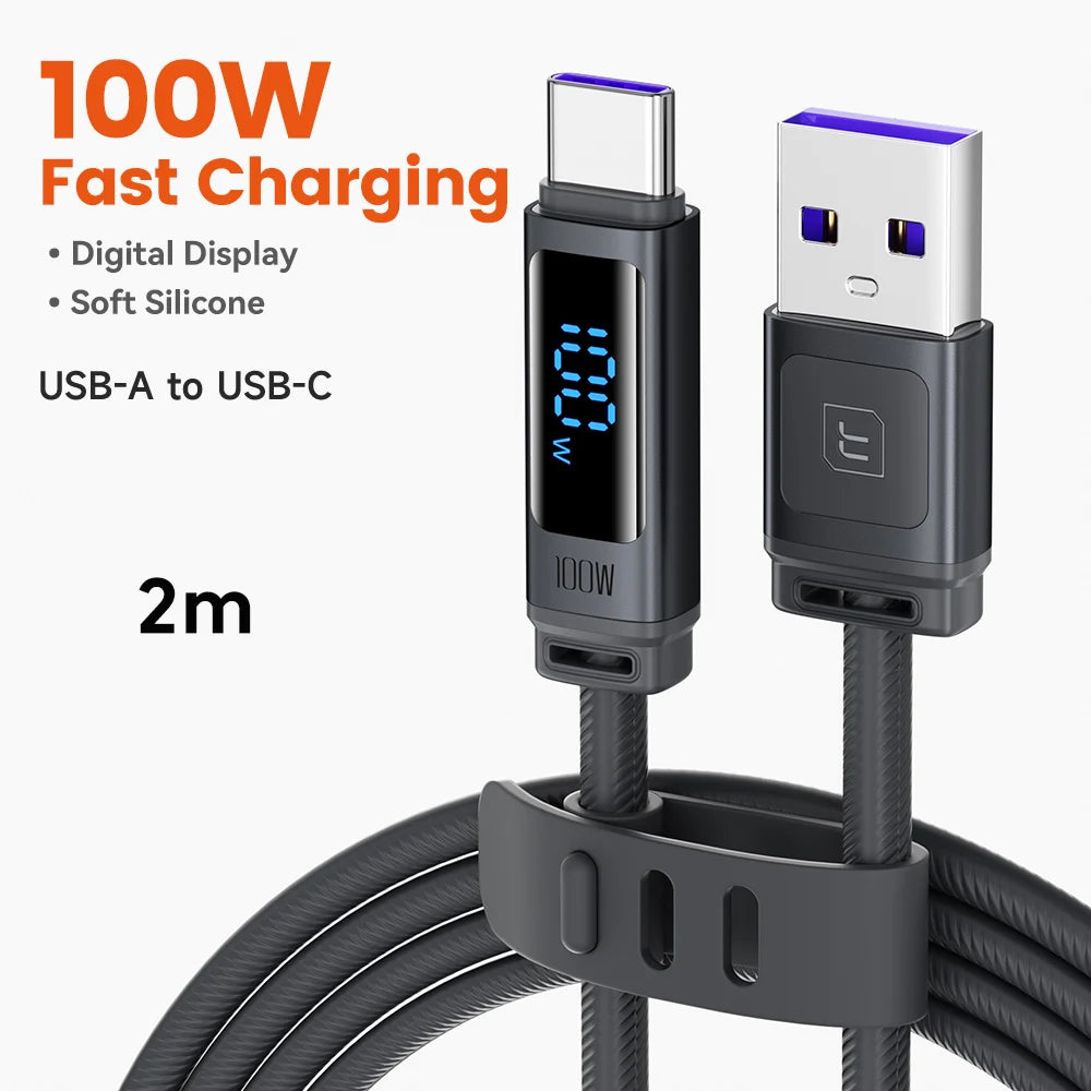 100W Fast Charging USB A to USB C Cable with Real Time Digital Display for Smartphones