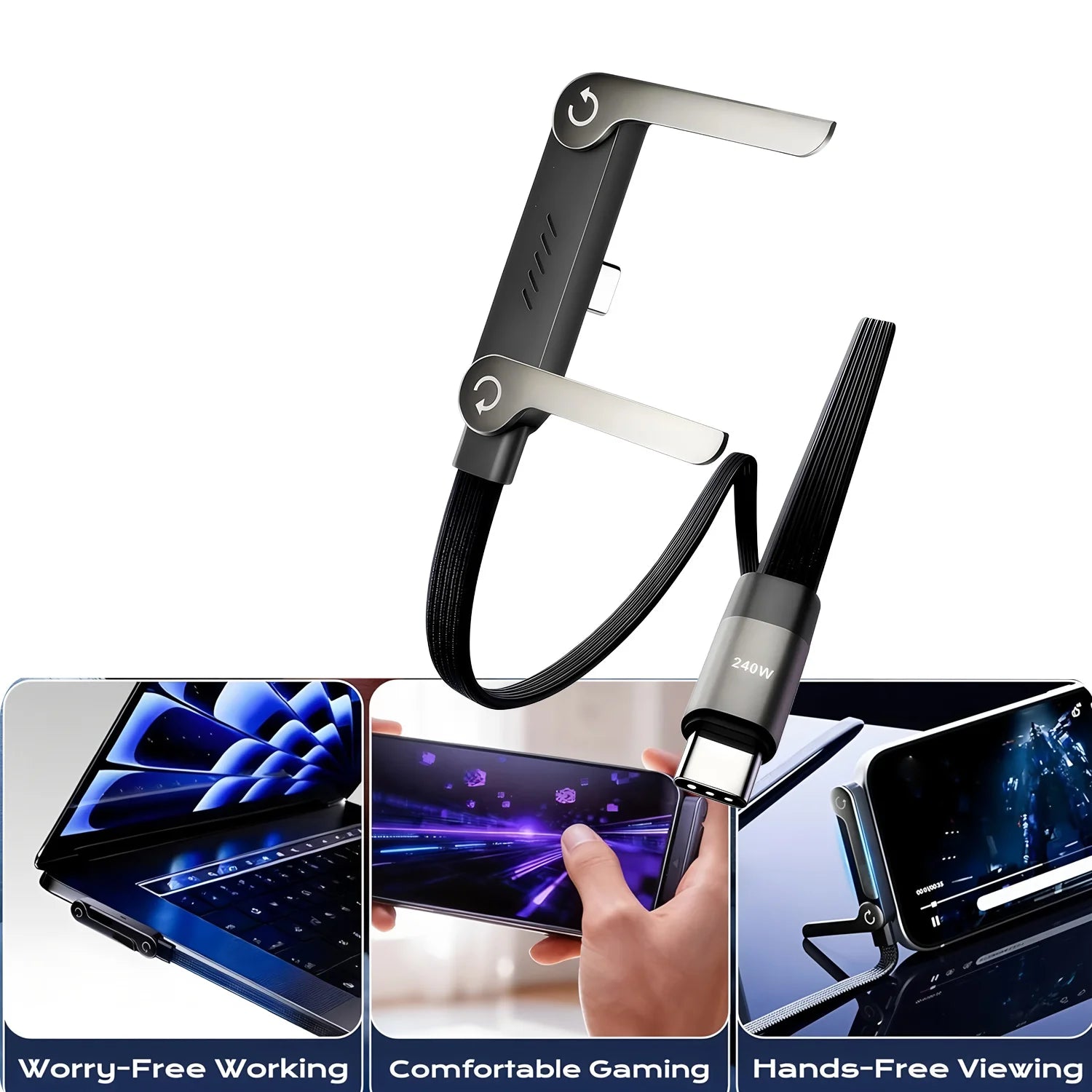 Foldable Phone and Tablet Stand with Dual Fast Charging Cable and 360 Degree Rotation