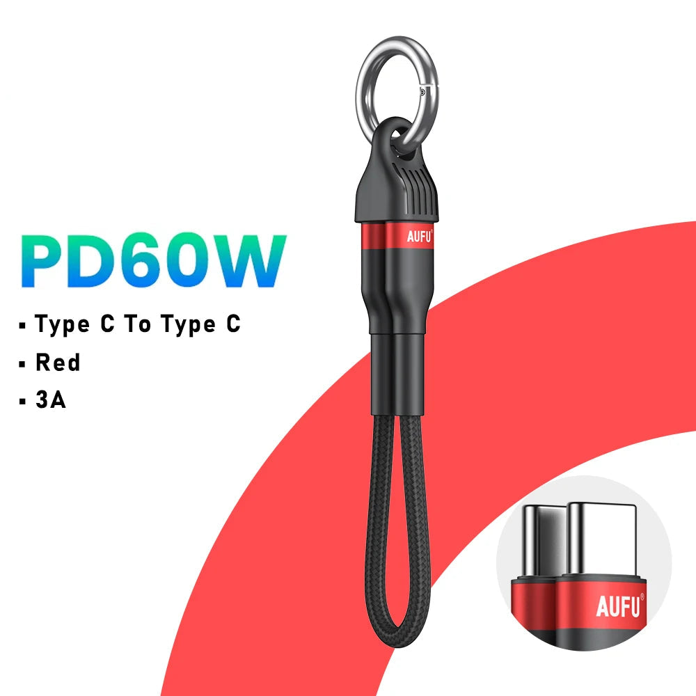 PD60W USB Type C to Type C Fast Charging Short Cable with Keychain for Laptop and Phone