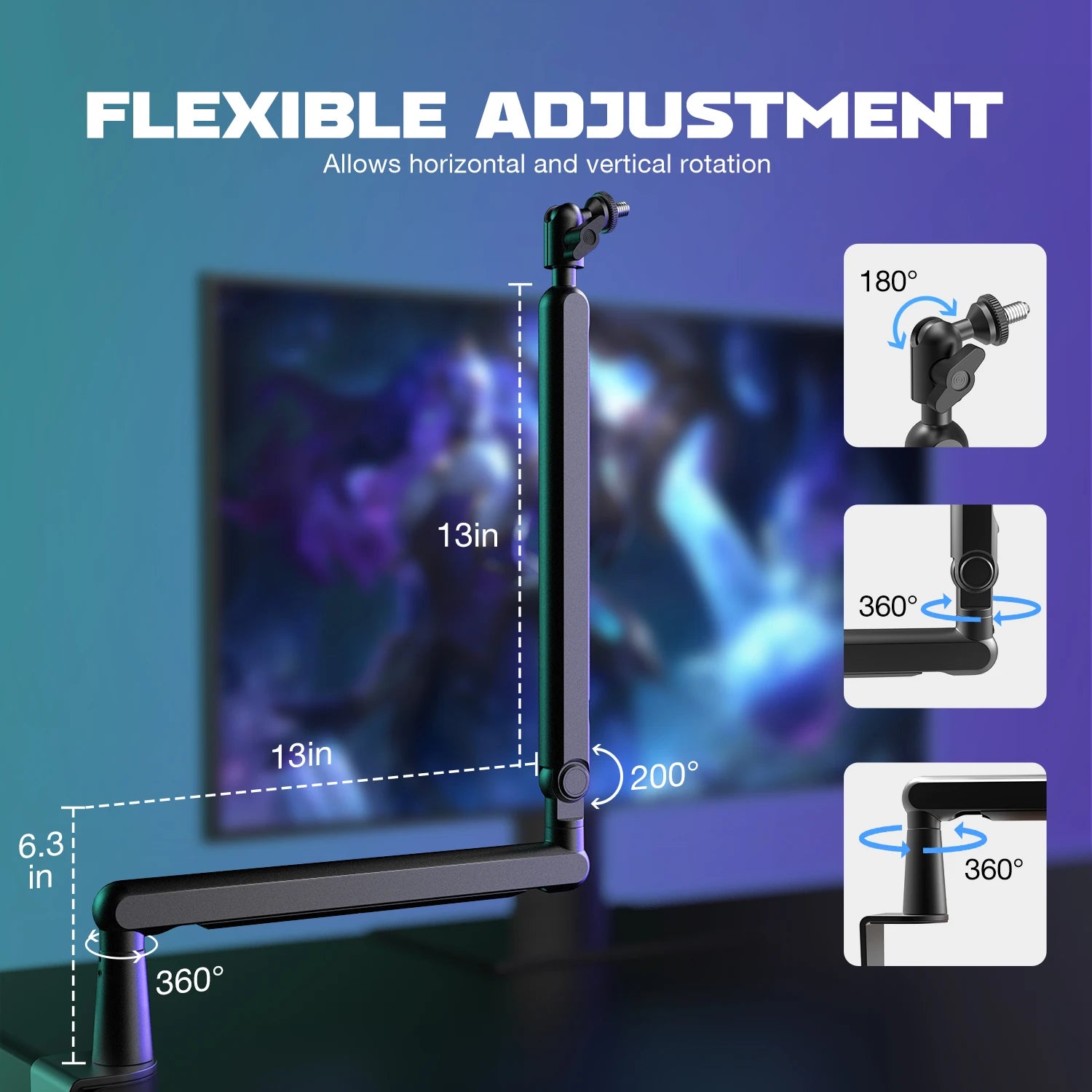 Low Profile Adjustable Boom Arm Microphone Stand with Desk Clamp Cable Management for Streaming