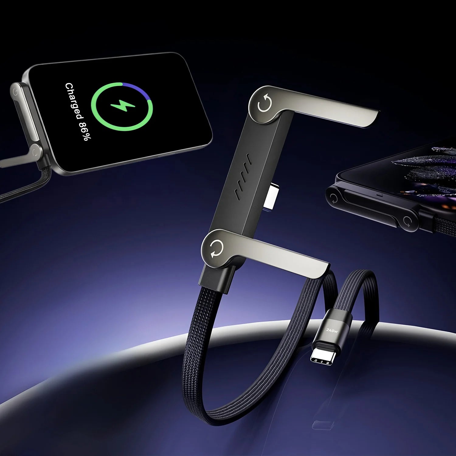 Foldable Phone and Tablet Stand with Dual Fast Charging Cable and 360 Degree Rotation
