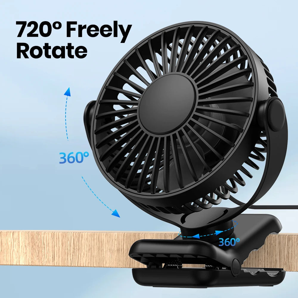 Mini Portable Clip On USB Desk Fan with 720° Rotation Quiet 3 Speed Personal Fan for Home Office