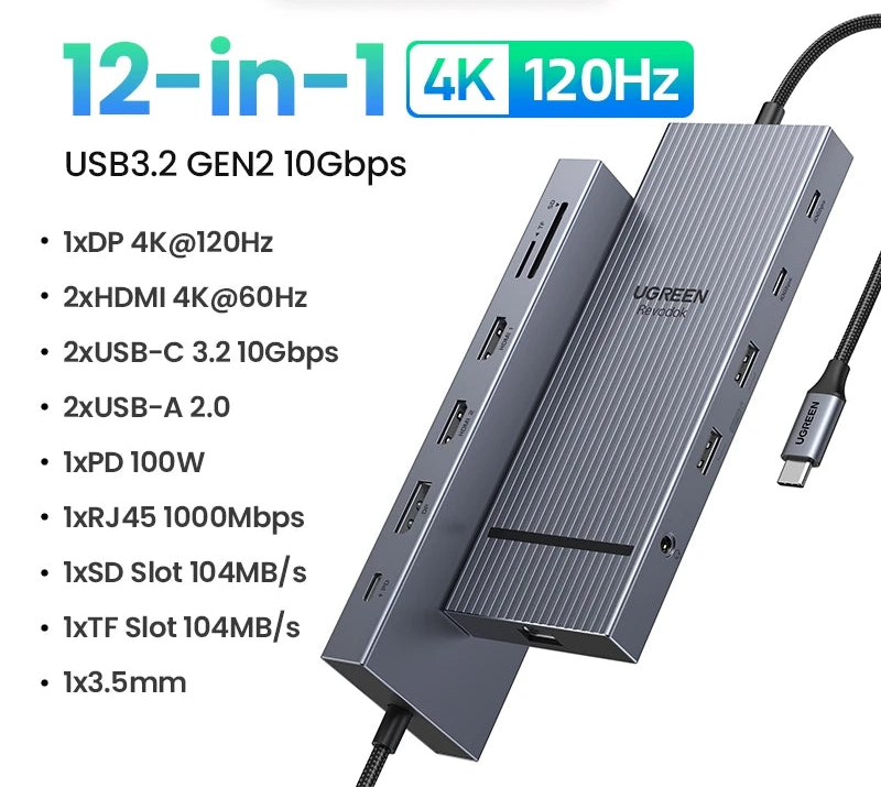 Dual HDMI USB-C Hub 10-in-1 Dock with 8K HDMI Gigabit Ethernet 100W PD USB Card Reader