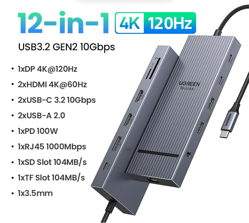 10Gbps USB-C Hub 9-in-1 Dock with 4K@60Hz HDMI, Gigabit Ethernet, SD/TF Reader and 100W PD