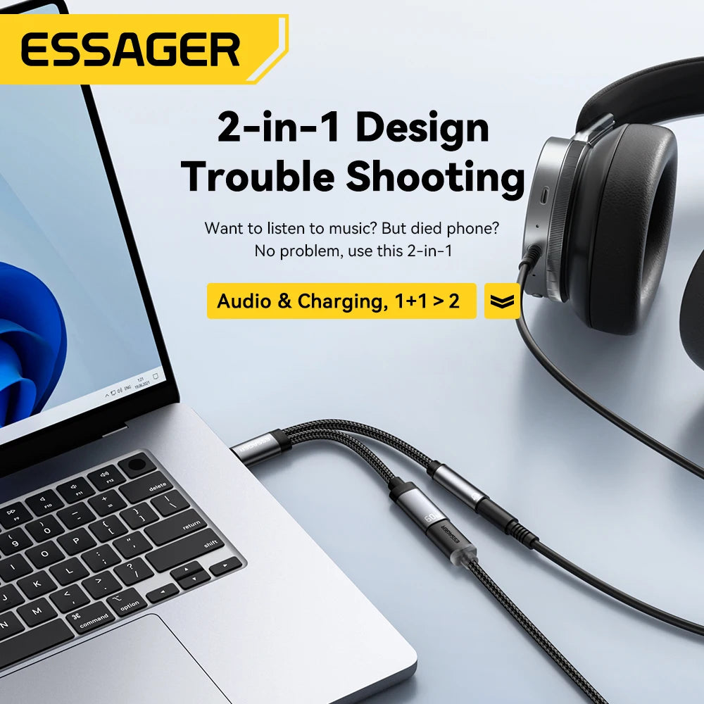 Essager 2-in-1 Type-C to 3.5mm AUX Audio Adapter with 60W PD Fast Charging for iPhone 16, Samsung