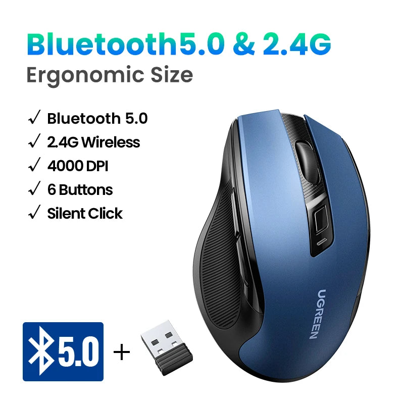 Wireless Bluetooth 5.0 & 2.4GHz Ergonomic Mouse 4000 DPI Silent Clicks for Laptop PC Tablet