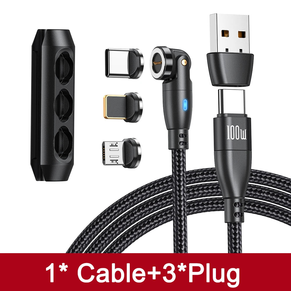 540 Degree Magnetic Fast Charging USB Type C Cable with 5A PD100W Power and 3 Tips