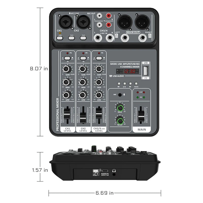 4-Channel USB Audio Mixer with Bluetooth & 48V Phantom Power for Studio, DJ & Karaoke