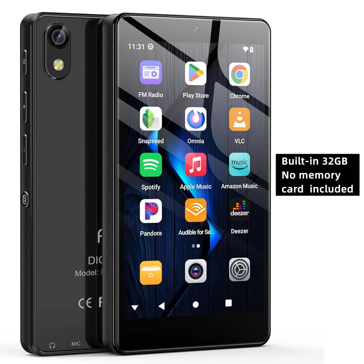 Bluetooth MP3 Player with Camera, Android 13, 4" Touch Display, Wi-Fi, High-Res Audio, 32GB/96GB