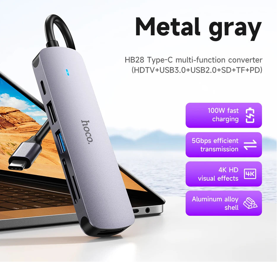 Ultra Compact 6-in-1 USB Type-C Hub Adapter with 4K HDMI PD Charging SD TF Card Reader and USB Ports