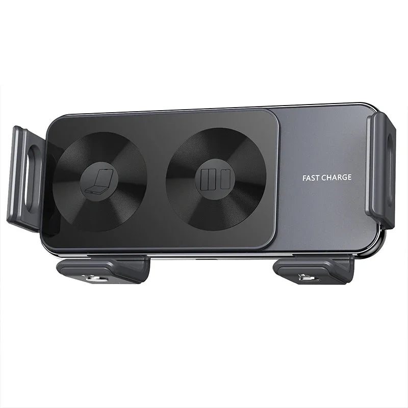 Dual Coil Fast Wireless Car Charger Stand with Foldable Design for Smartphones