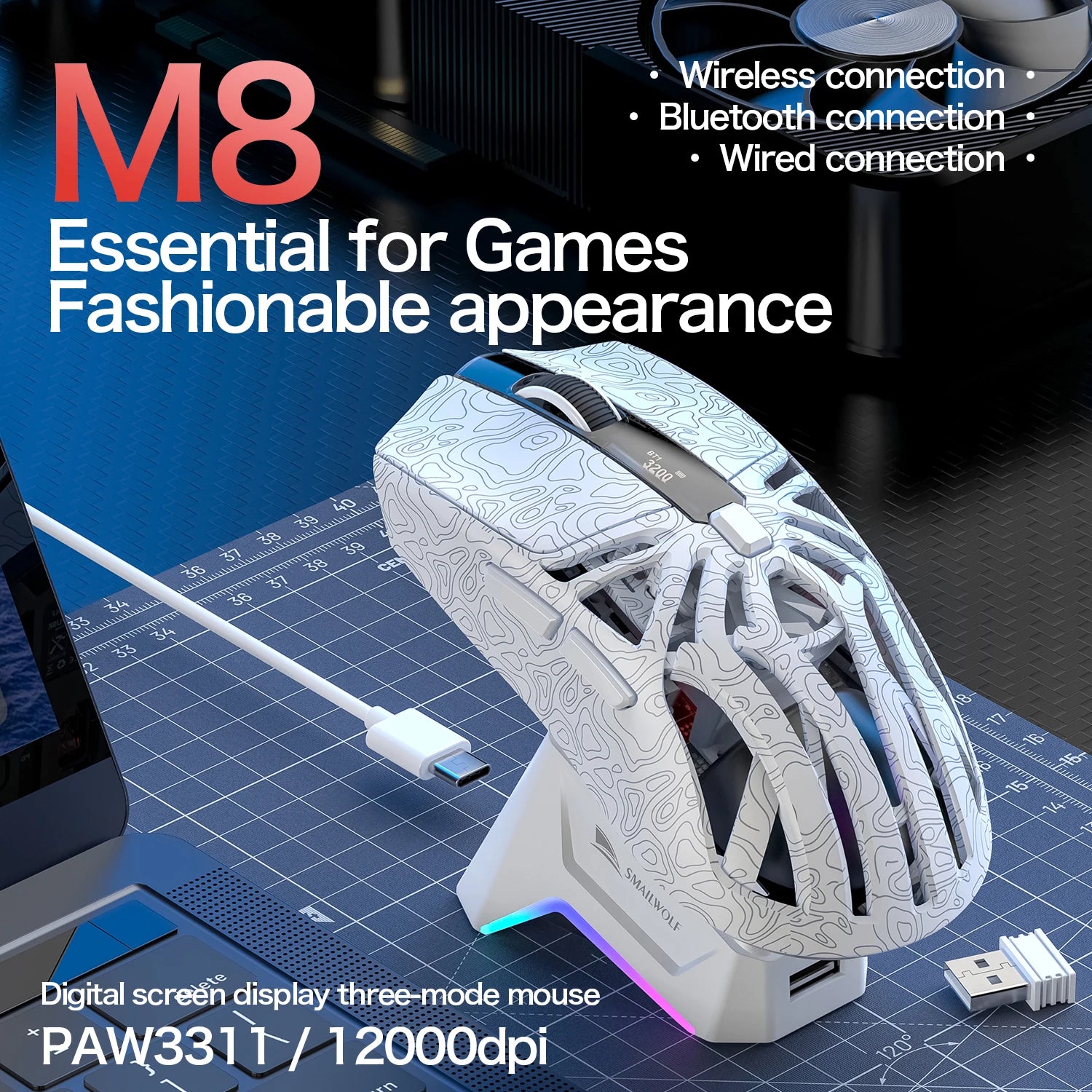 Wireless Gaming Mouse with Three Mode Connectivity and 12000 DPI Precision Sensor