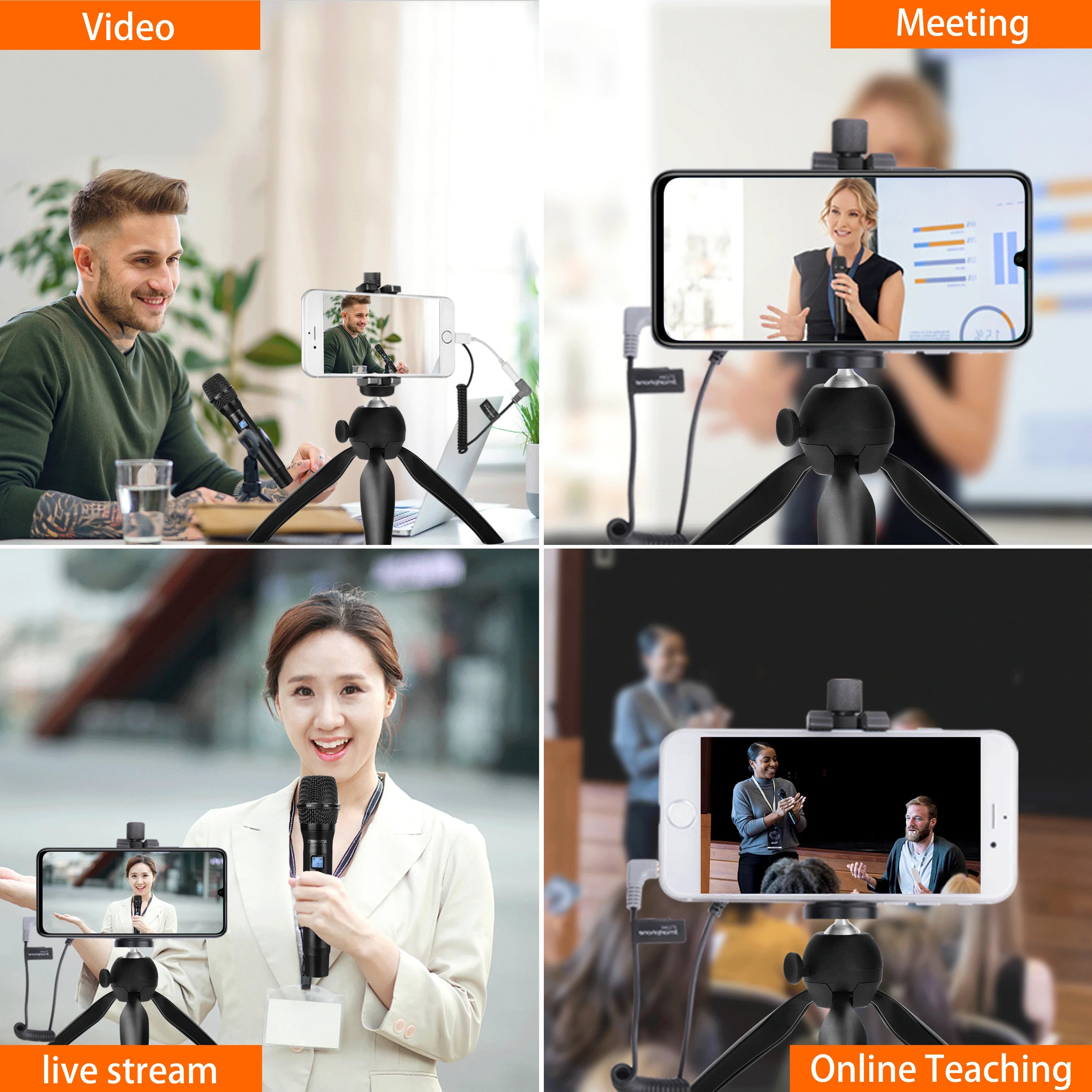 UHF Wireless Handheld Condenser Microphone 6 Channel Set for Smartphones Cameras and Devices