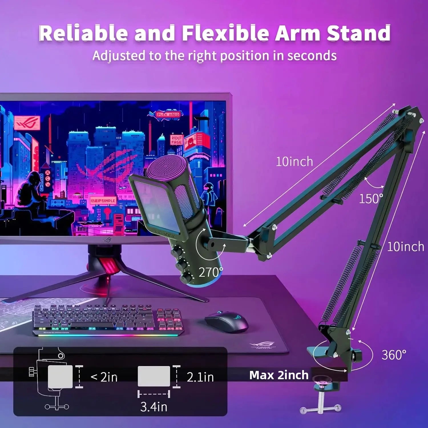 Professional USB Condenser Microphone with Noise Cancellation and Boom Arm for Streaming
