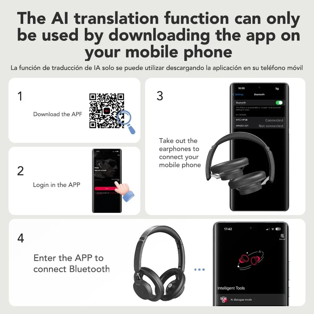 Open-Ear Wireless Bluetooth 5.3 Headphones Foldable AI Translate Headset for Work & Travel