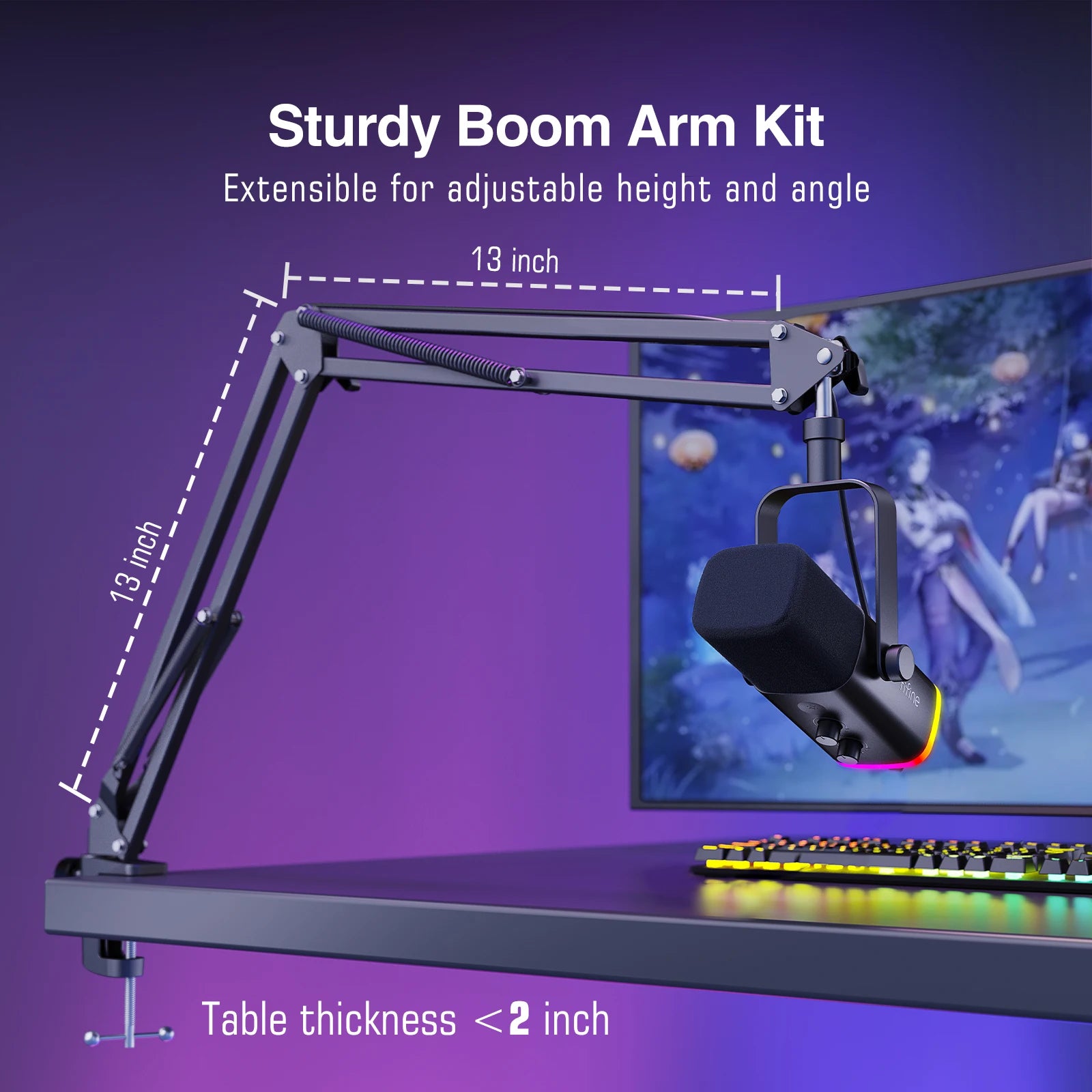 USB/XLR Dynamic Gaming Microphone Kit with Boom Arm RGB Lighting Volume Control for PC PS5