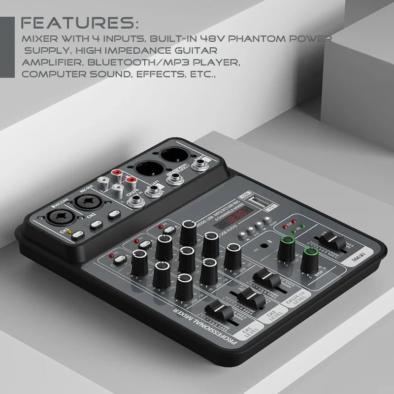 4-Channel USB Audio Mixer with Bluetooth & 48V Phantom Power for Studio, DJ & Karaoke