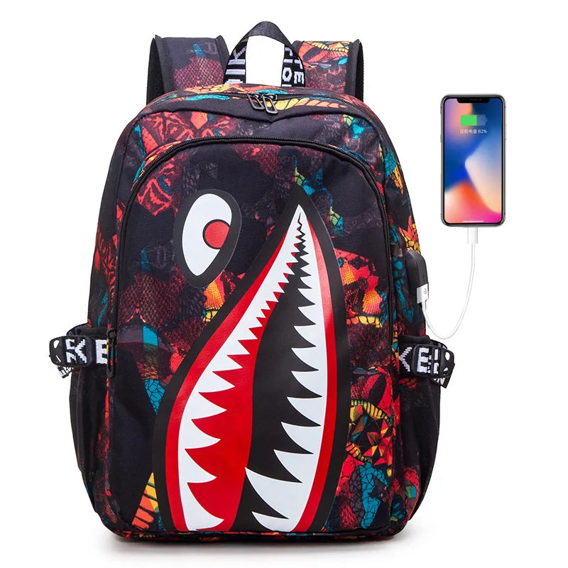 Children’s Shark Print Large Capacity Backpack for Kids Lightweight Durable Cartoon School Bag