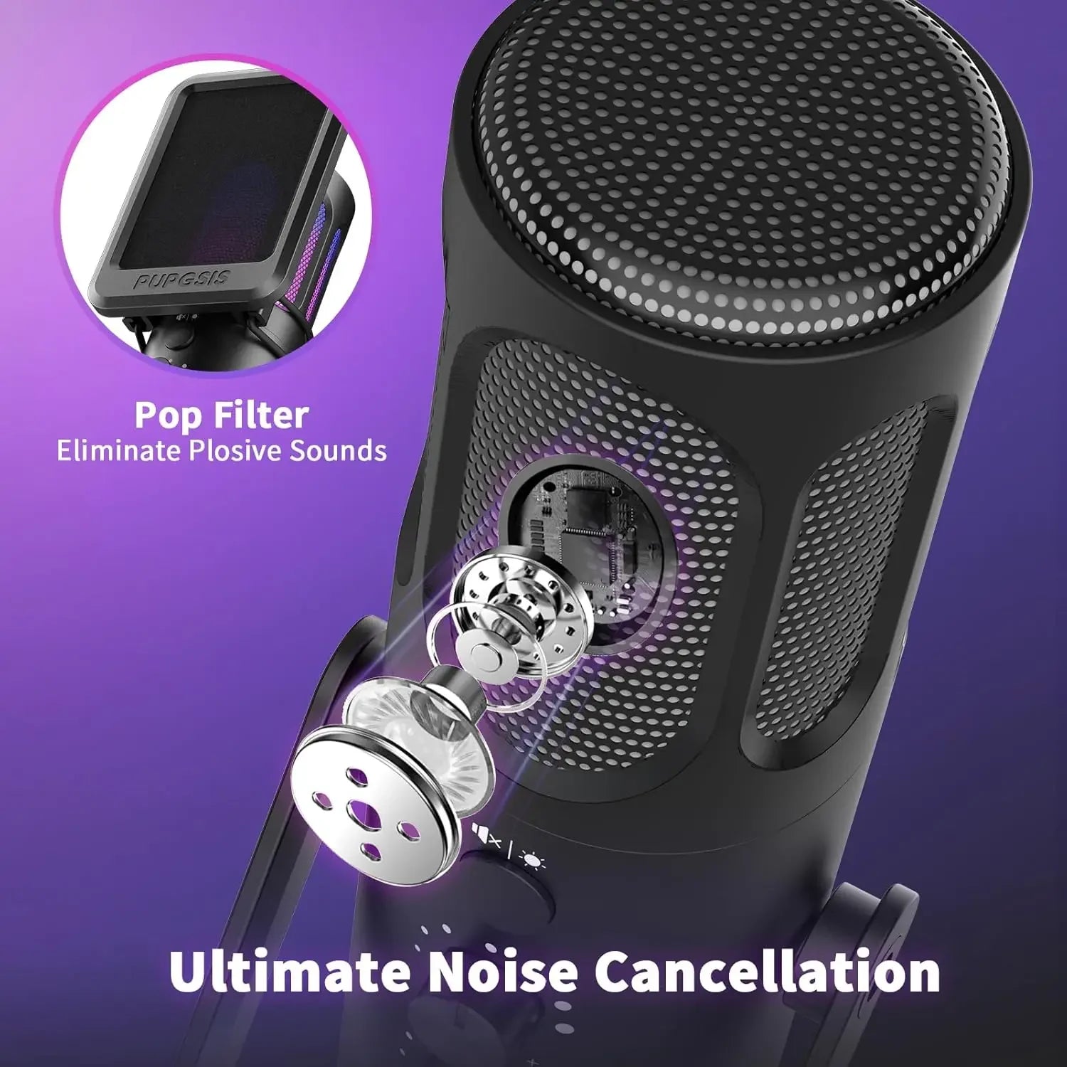 Professional USB Condenser Microphone with Noise Cancellation and Boom Arm for Streaming