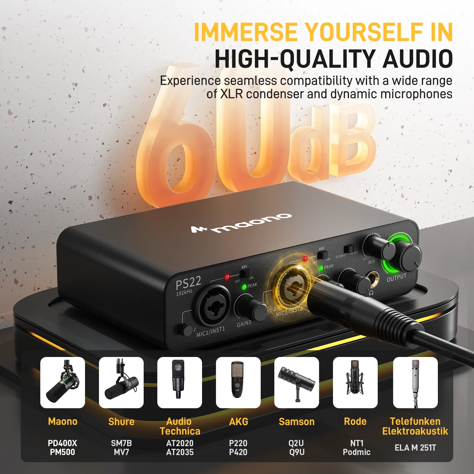 USB Audio Interface with Dual USB Connectivity 24bit 192kHz 60dB Preamp for PC and Phone Recording