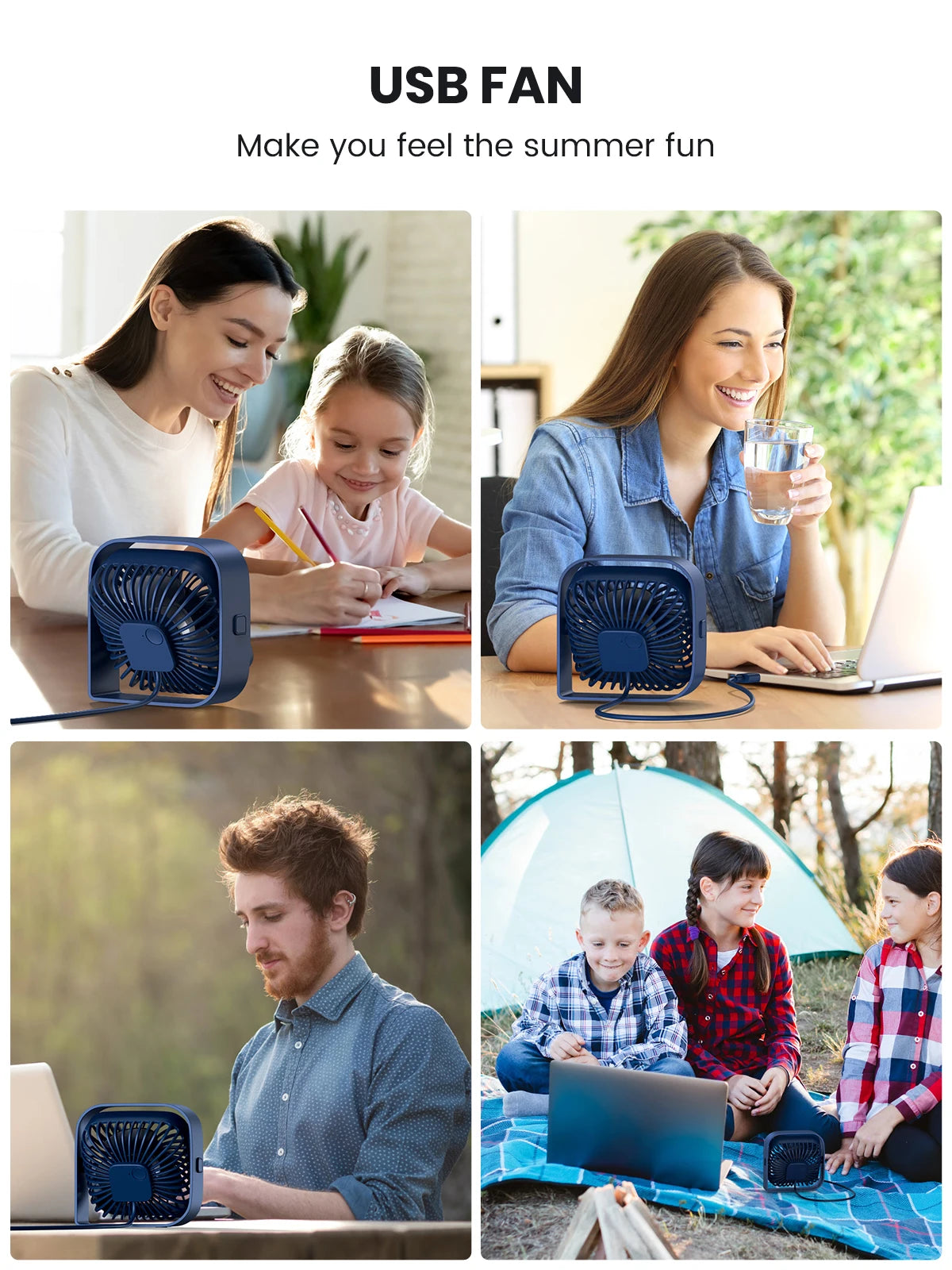 Portable USB Desk Fan with Strong Airflow Quiet Operation Three Speed and 360 Degree Rotating Head