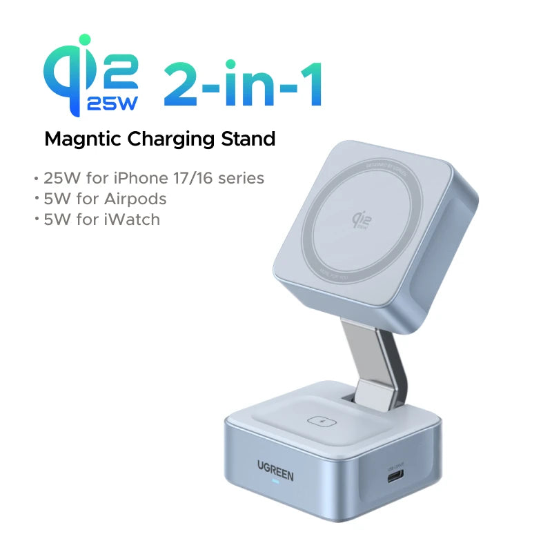 Qi2 2-in-1 Magnetic Wireless Charger Stand 25W Fast Charging for iPhone AirPods Foldable