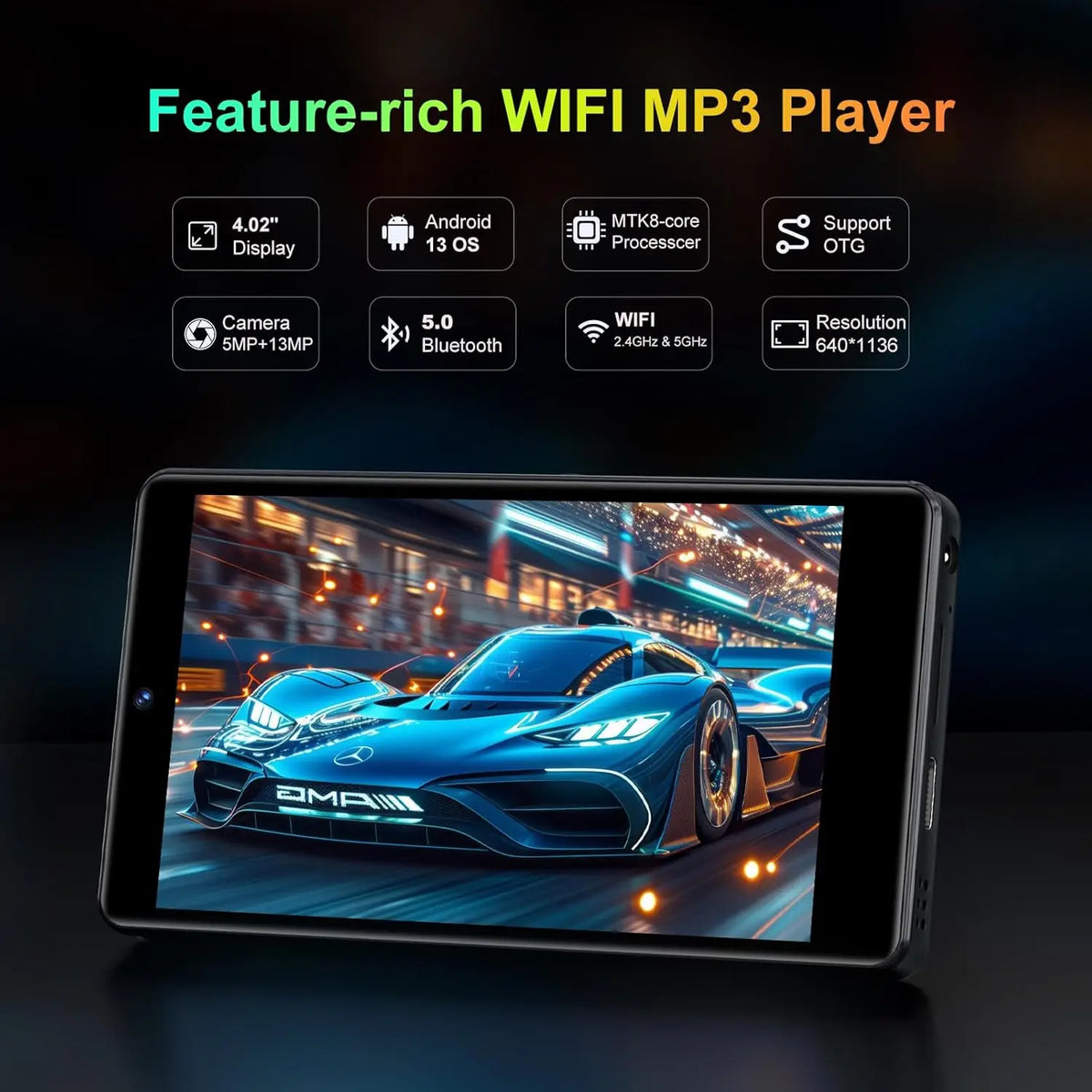 Bluetooth MP3 Player with Camera, Android 13, 4" Touch Display, Wi-Fi, High-Res Audio, 32GB/96GB