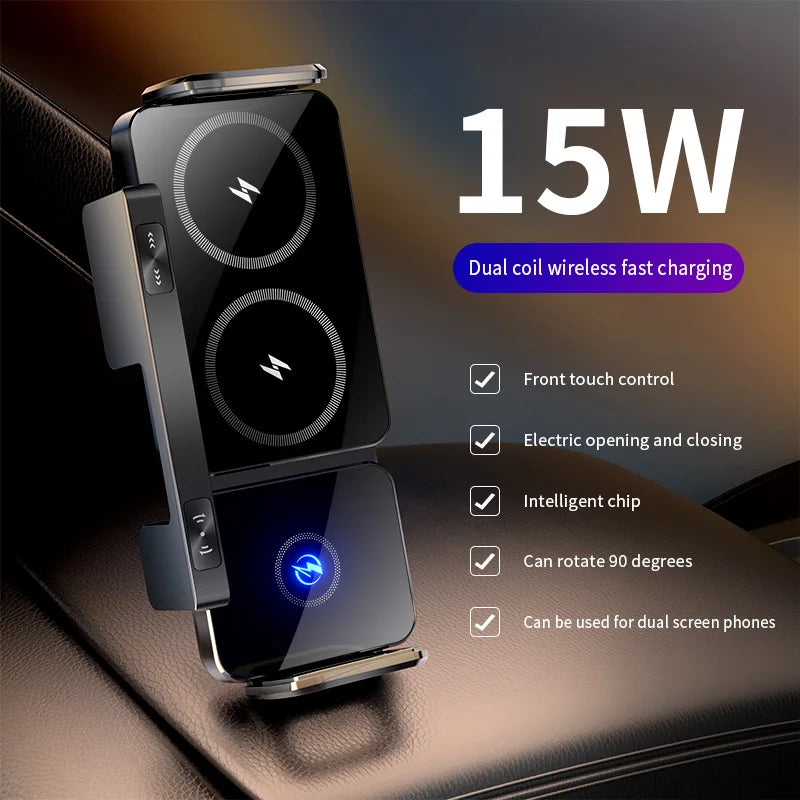 Dual Coil Foldable Wireless Car Charger and Phone Mount with Fast Charging Compatibility