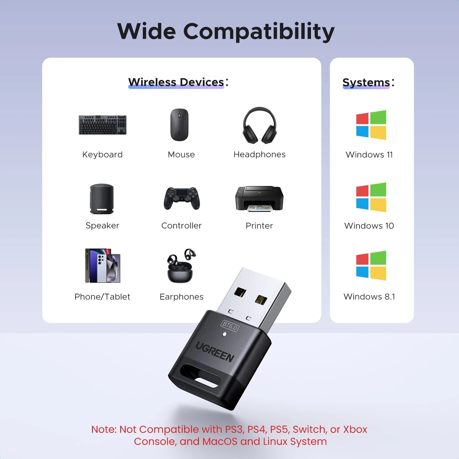 USB Bluetooth 6.0 Adapter Dongle for Windows PC Wireless Keyboard Mouse Headset Transmitter