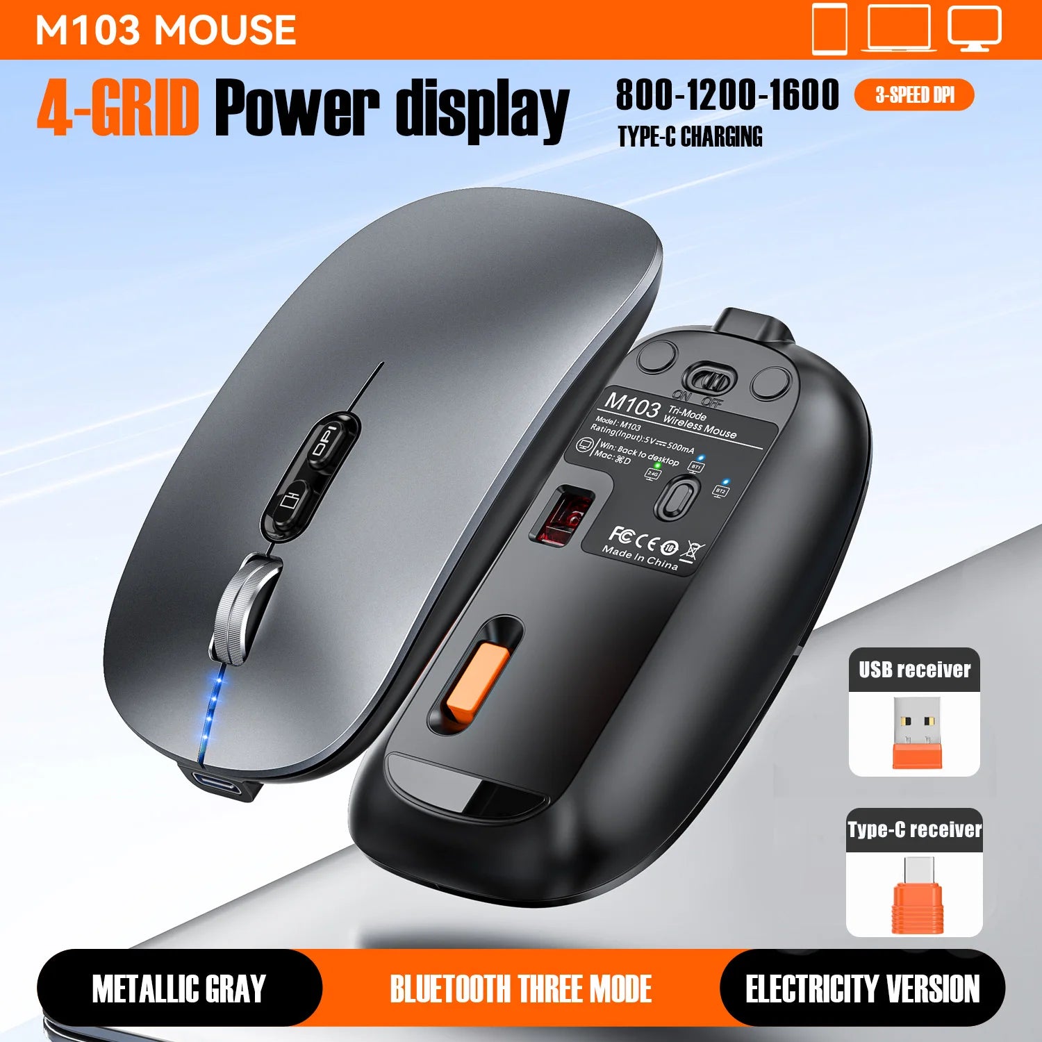 Bluetooth Dual Mode Wireless Mouse with Silent Click and Rechargeable Battery for Laptop