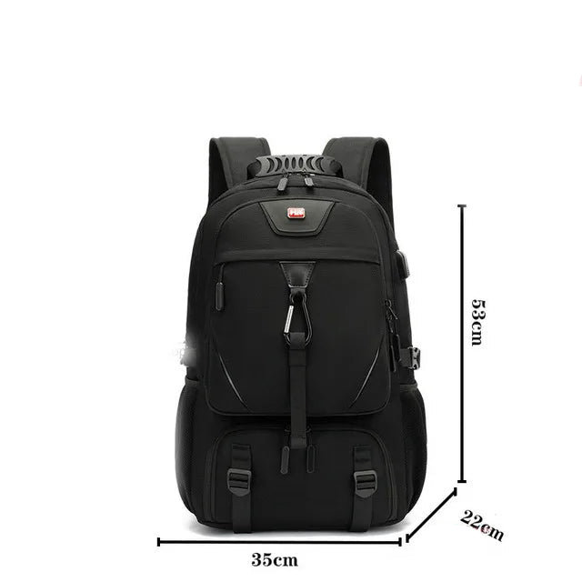 Large capacity outdoor backpack with USB charging and multiple compartments for travel hiking camping