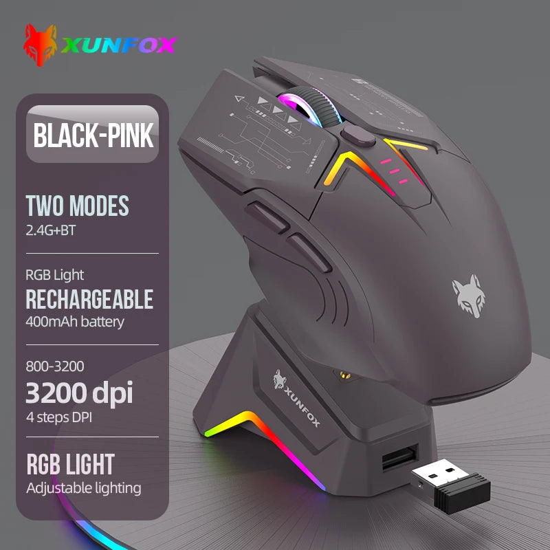 Wireless Bluetooth RGB Mouse with Magnetic Charging and Dual Mode for Gaming and Work