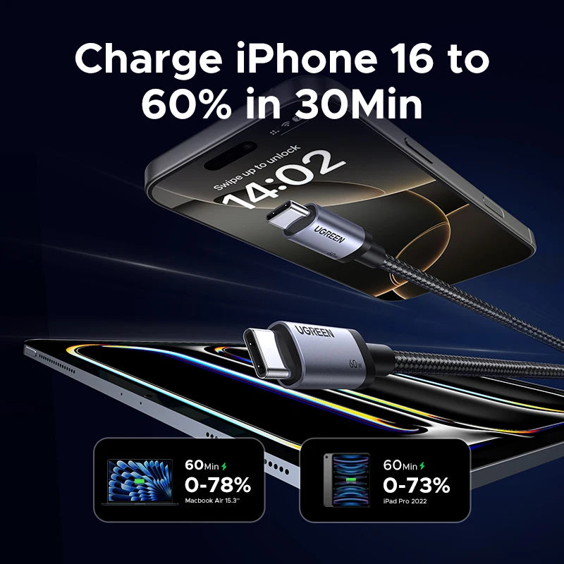 USB-C to USB-C 60W Fast Charging Data Cable for iPhone Samsung iPad MacBook Laptop