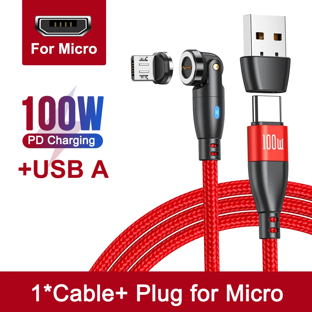 540 Degree Magnetic Fast Charging USB Type C Cable with 5A PD100W Power and 3 Tips