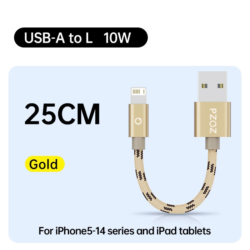 Short USB Charging Cable 25cm 50cm 1m Fast Charge Nylon Data Cord Compatible with iPhone Devices