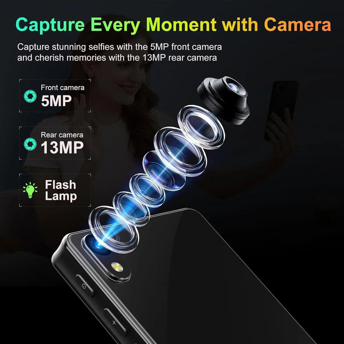 Bluetooth MP3 Player with Camera, Android 13, 4" Touch Display, Wi-Fi, High-Res Audio, 32GB/96GB