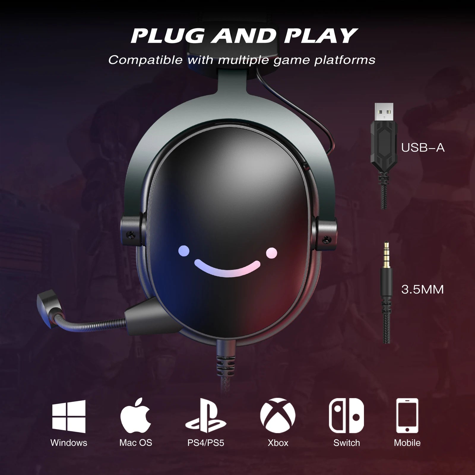 Wired Gaming Headset with 7.1 Surround Sound, USB & 3.5mm Jack, Mic, Volume Control for PC PS5