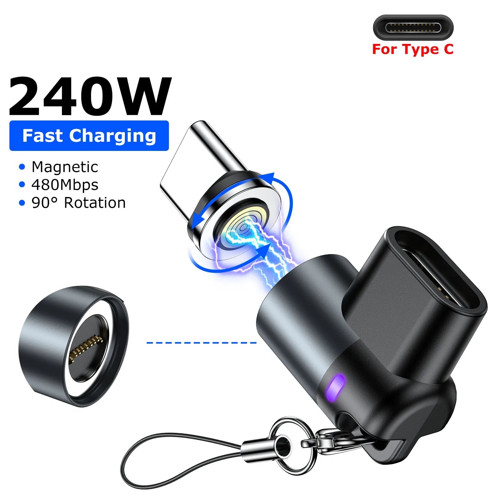 240W Mini Magnetic USB C Adapter Type C to Type C Fast Charging Data Converter Connector
