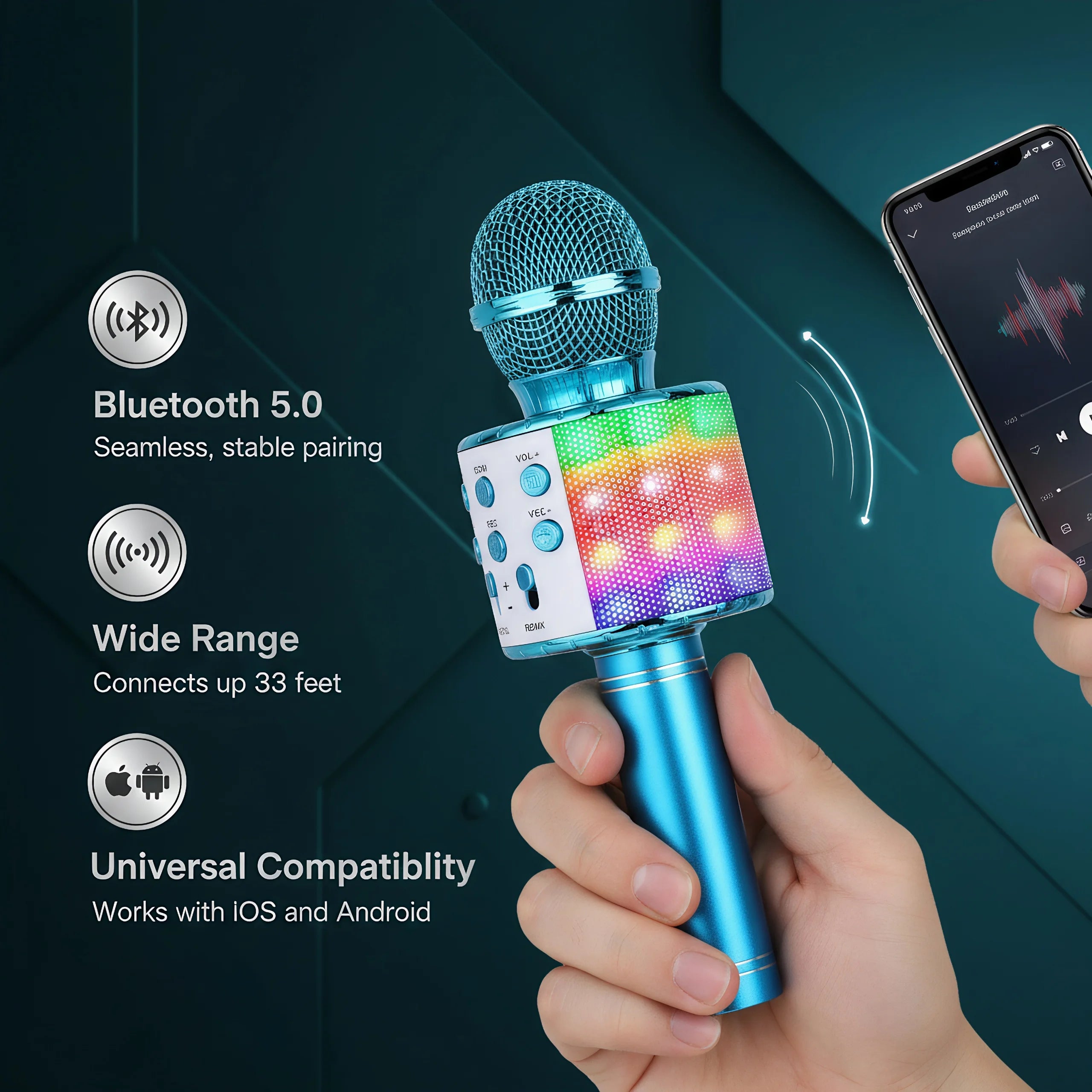 Wireless Kids Karaoke Microphone with Bluetooth Speaker Voice Changer and LED Lights