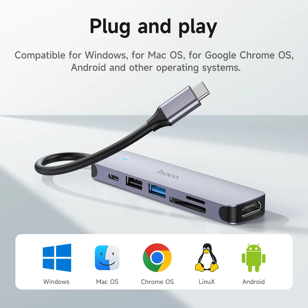 Ultra Compact 6-in-1 USB Type-C Hub Adapter with 4K HDMI PD Charging SD TF Card Reader and USB Ports
